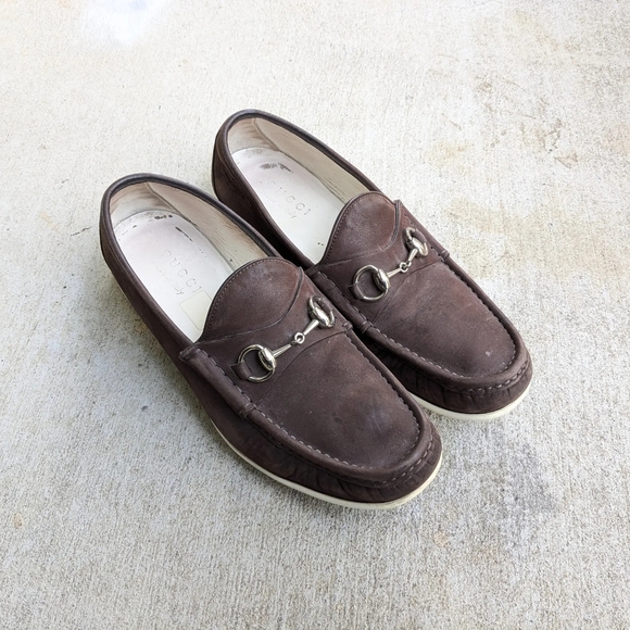 Men's Brown Gucci Horsebit Loafers Brown Suede 9 White - Picture 1 of 9
